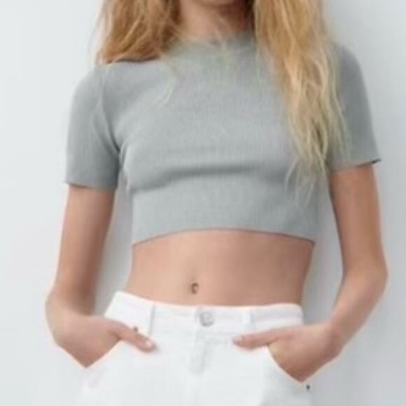 Zara Ribbed Short Sleeve Open Back Top Gray Size Large - Picture 1 of 5